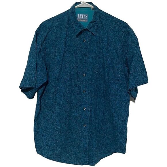 VTG 80’s Levis Abstract Button Up Short Sleeve Casual Shirt Mens L Blue Rare Mis - Picture 1 of 6